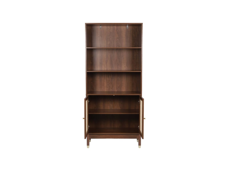  Etagère bibliothèque décor bois et cannage 4 niveaux 2 portes teinte noyer - judith  - Conforama C