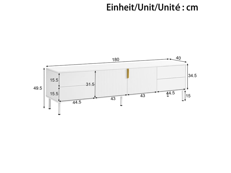  Meuble tv 180 cm blanc, 4 tiroirs push-to-open, portes à rainures, pieds métal  - Conforama C