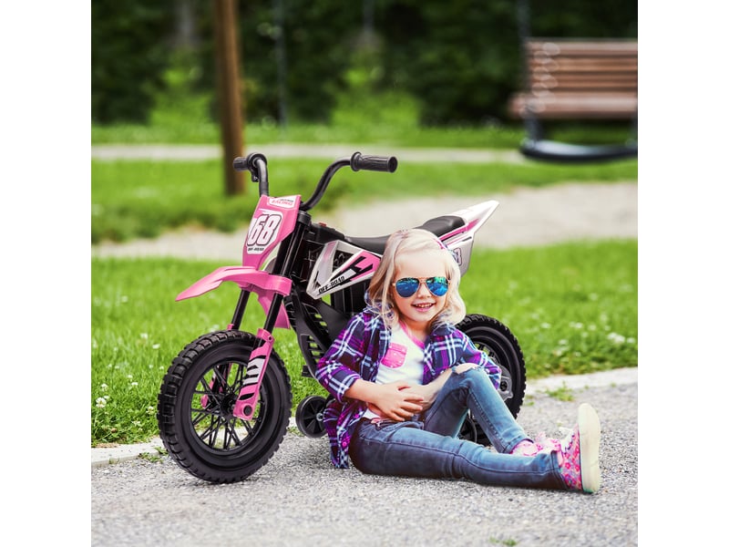  Moto électrique pour enfant moto cross pour enfants de 3 à 6 ans 2 moteurs 12v vitesse 5 kmh 109,5x60x72,5cm rose  - Conforama C