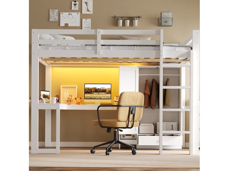  Lit mezzanine 140x200 cm, bureau armoire, led usb, rangements, sommier à lattes mdf bois blanc sans matelas  - Conforama D