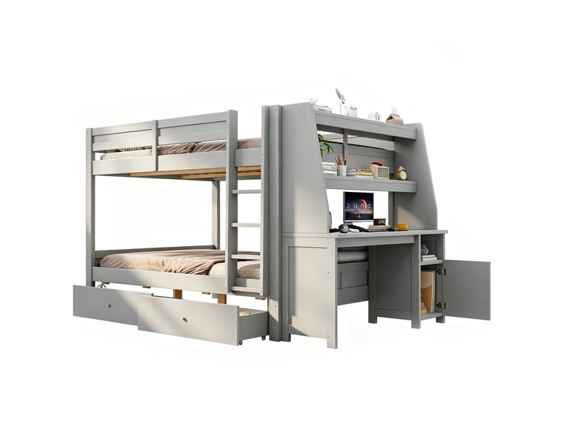  Lit superposé modenvie 140 x 200 cm avec bureau, rangements et 2 tiroirs, gris  - Conforama A