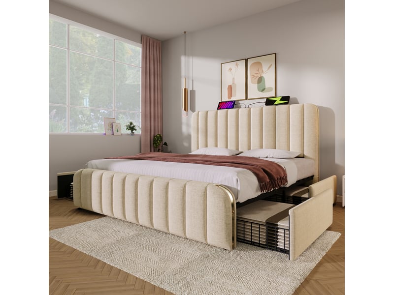  Lit double 180x200 cm avec 4 tiroirs et ports usb et type c en lin beige  - Conforama D