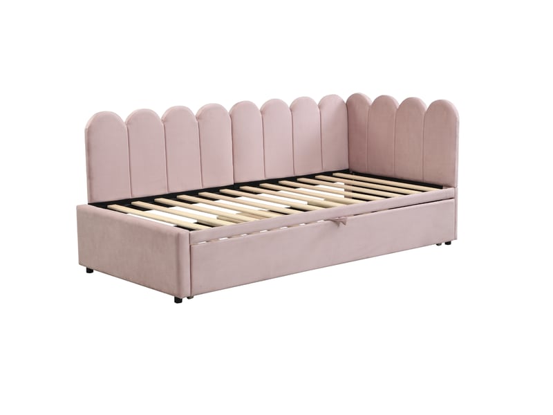 Canapé-lit d’angle 2-en-1 velours rose convertible couchage extensible gain de place 90x180x200 cm - Conforama A