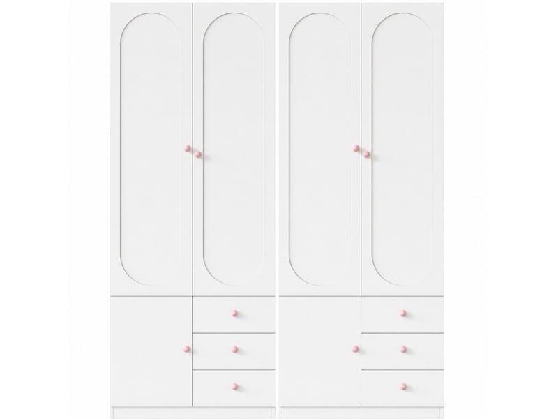  Armoire 2 portes 160 x 50 x 200 cm – blanche – ensemble 2 éléments, 3 tiroirs, penderie, poignées roses  - Conforama D