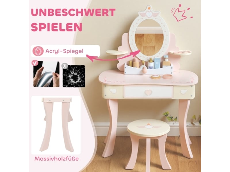  Coiffeuse enfant 2 en 1 rose, avec chaise, tiroir, miroir amovible et 7 accessoires, mdf  - Conforama E