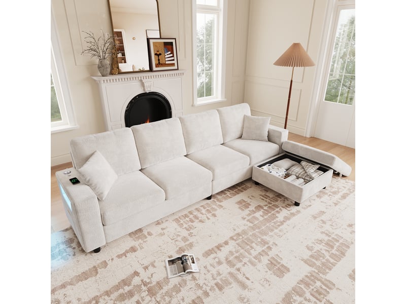 Canapé d'angle 4 places en tissu velours beige, 282×153×82 cm, pouf avec rangement, accoudoir led et ports usb - Conforama W