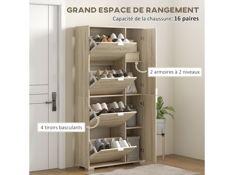  Meuble à chaussures avec miroirs, 4 abattants, 2 placards, 16 paires, rangement d'entrée  - Conforama W