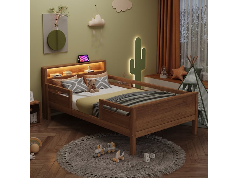  Lit enfant 90x200 cm avec éclairage led, prises usb et type-c, coloris bois naturel  - Conforama E