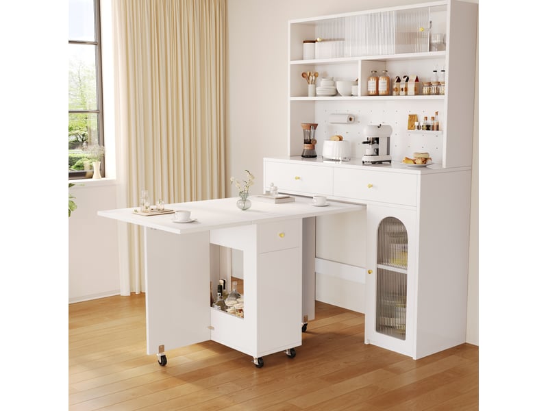  Table à manger pliable 120x75x75 cm blanche avec rangement et 2 tiroirs  - Conforama E