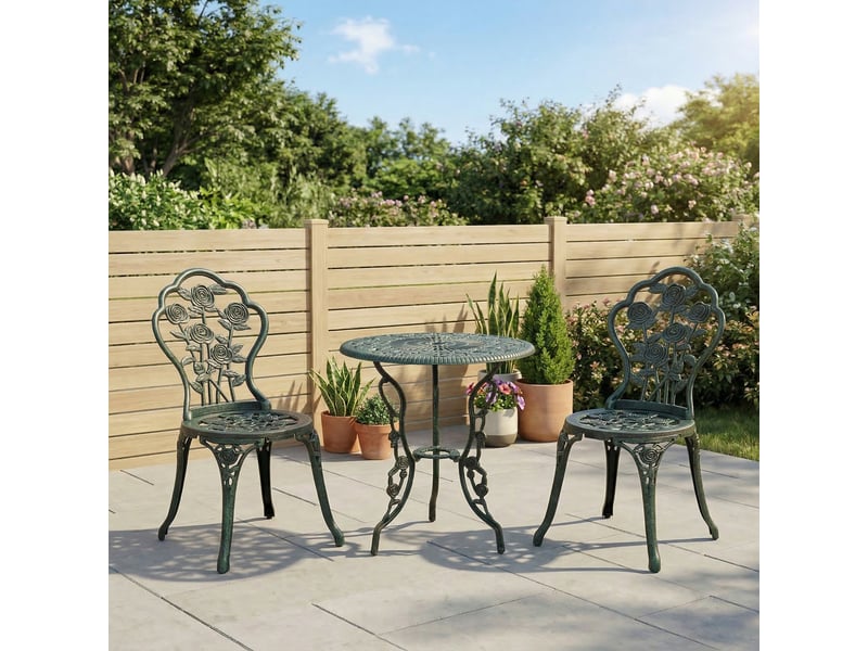 Ensemble salon de jardin 2 places 2 chaises + table ronde style néo-rétro motif rose lignes fuselées fonte  - Conforama C