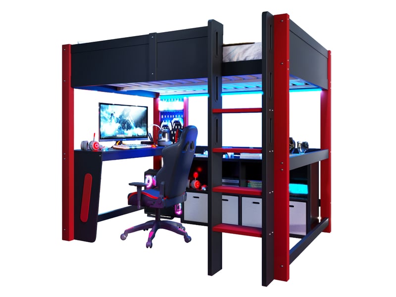  Lit mezzanine 140x200 cm noir avec bureau, panneau perforé et éclairage led  - Conforama A