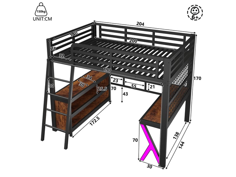  Lit mezzanine 140x200 cm, bureau, led contrôlée par application, rangements, métal Fay Lum - Conforama C