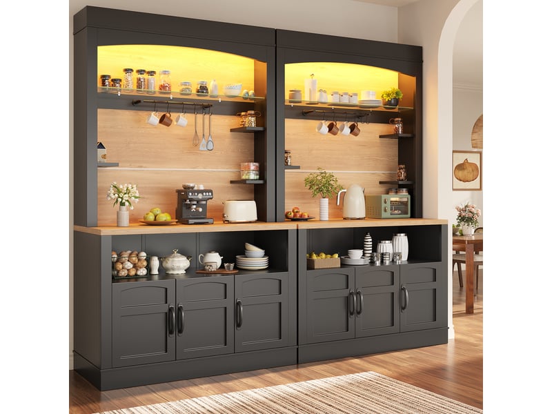  Armoire de cuisine 203x40x174 cm, buffet haut et garde-manger, lot de 2, étagères de rangement, crochets, éclairage led, mdf et métal noir OPULERANE TRADING LTD - Conforama B