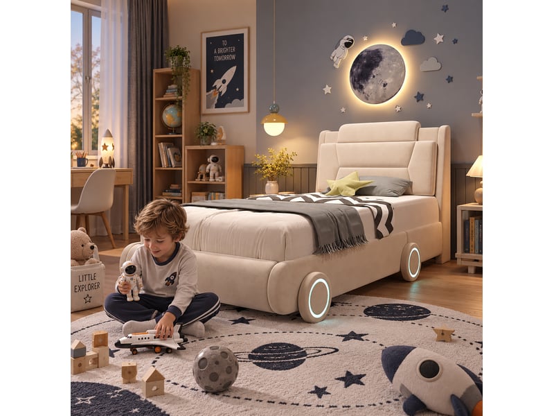  Lit enfant rembourré voiture 90x200 cm flanelle beige avec tête de lit  - Conforama B