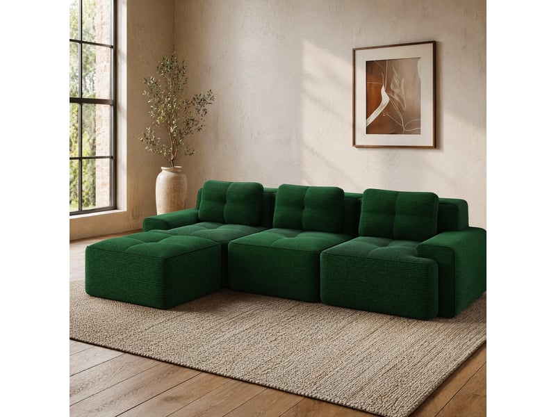  Canapé modulable d'angle 3 places avec ottoman en velours côtelé vert  - Conforama D