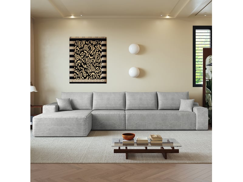 Canapé d’angle modulable 4 places avec méridienne en l gris en velours côtelé, 340 x 175 cm - Conforama E