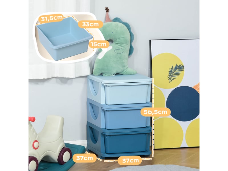  Organisateur de jouets pour enfants avec tiroirs à 3 niveaux, boîtes de rangement en plastique, bleu, 37 x 37 x 56,5 cm  - Conforama C
