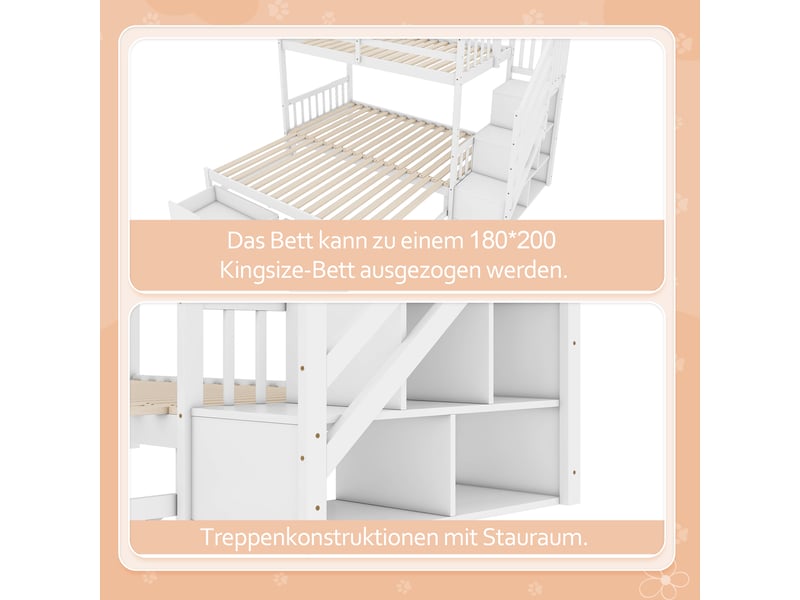 Lit superposé enfant 90×200 cm et 180×200 cm gigogne, 2 tiroirs et rangement - sans matelas, pin blanc - Conforama E