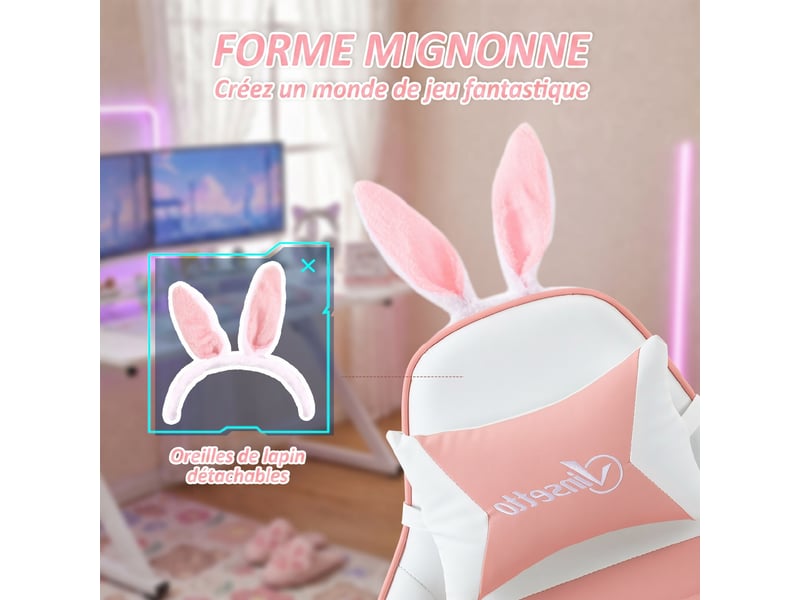  Chaise de gaming avec support lombaire, hauteur réglable, dossier inclinable, rose, oreilles de lapin et appui-tête  - Conforama A