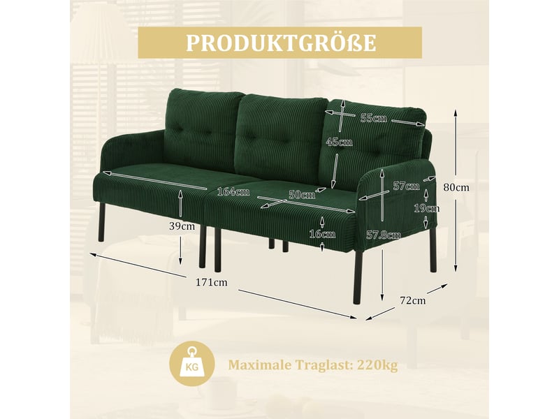 Canapé 3 places 171 x 72 x 80 cm, assise rembourrée, dossier haut, poches latérales, pieds en métal, velours côtelé, vert Seren Glow - Conforama C