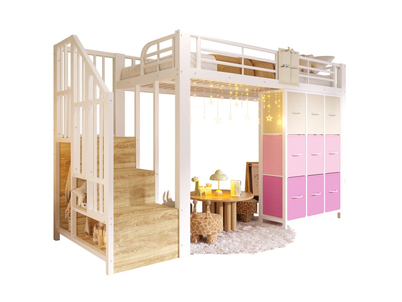  Lit mezzanine 90x200 cm avec tiroirs, tringle à vêtements, garde-corps, escalier de rangement mdf métal blanc sans matelas  - Conforama A