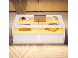 Table basse avec led pilotée par application, 2 tiroirs et 2 niches, plateau en verre, blanche, 100 × 50 × 35 cm