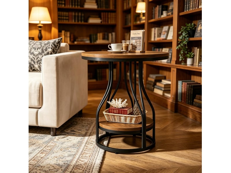  Table d'appoint ronde 50x50x59 cm en métal et panneau de particules avec étagère noir et marron chicfurn  - Conforama E