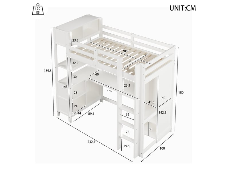 Lit combiné enfant surélevé 90x200 cm avec bureau, rangements et armoire blanc - Conforama C