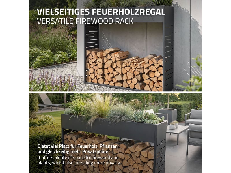  Ml-design range-bûches d'extérieur avec jardinière, en acier galvanisé résistant aux intempéries, support de stockage bois de chauffage cheminée, motif de treillis, anthracite, 112 x 30 x 111 cm ECD Germany GmbH - Conforama D