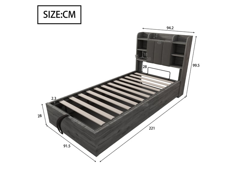  Lit coffre 90 x 200 cm gris mdf, tête de lit avec rangements et ports usb type c, sommier à lattes  - Conforama C