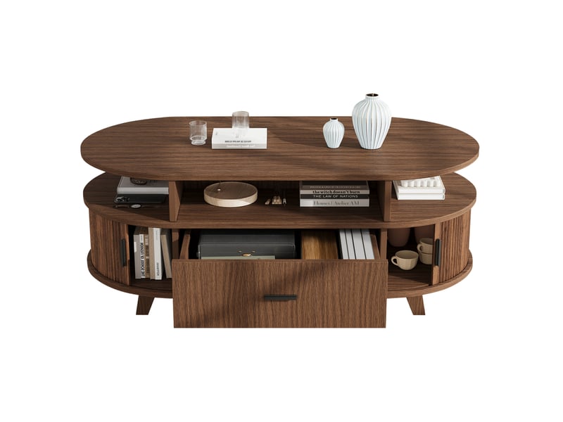 Table basse ovale 100.00x50.00x40.00 cm avec tiroir et portes à rideau, finition noyer - Conforama A