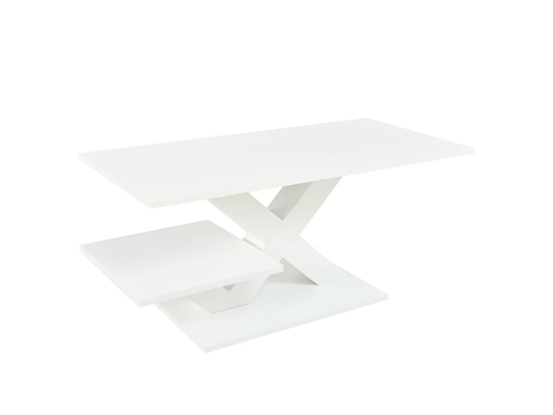  Table basse blanche brillante, table de salon rectangulaire en mdf avec double plateau de rangement et pieds géométriques en x, 100x48x45 cm  - Conforama A