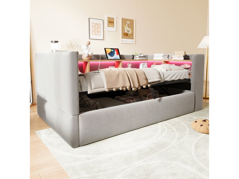  Canapé-lit 90x190 cm, lit enfant, couchage d'appoint, rangement hydraulique, gris clair, led  - Conforama C