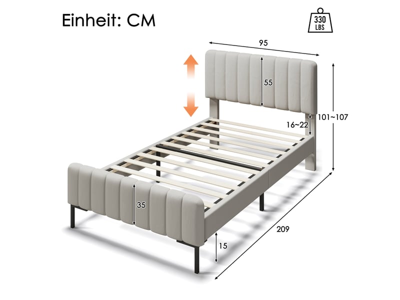 Lit rembourré 90×200, cadre de lit simple gris beige avec tête de lit ajustable, pour chambre adulte et enfant - Conforama C