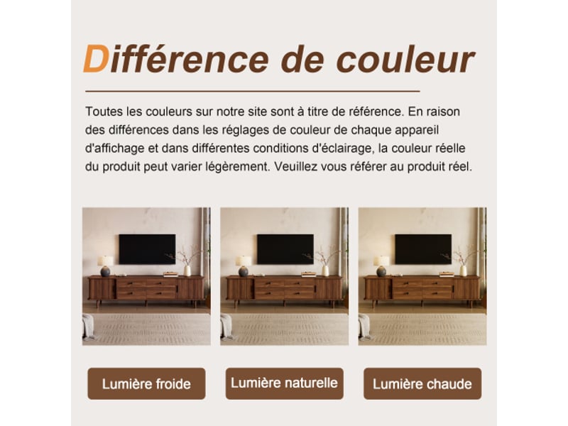  Meuble tv 165 cm en mdf - 4 tiroirs et 2 portes coulissantes, grand rangement, coins arrondis  - Conforama E