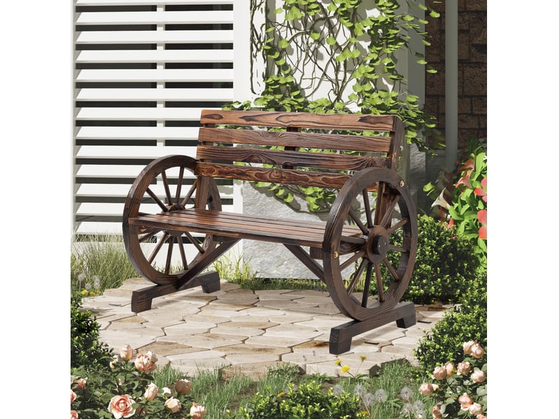  Banc de jardin 2 places 105,5x56x79 cm – marron – accoudoirs roues de chariot en bois, style rustique  - Conforama B