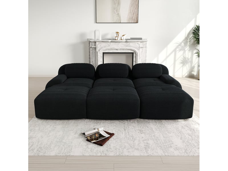 Canapé d'angle modulable ulevr 3 places avec 3 poufs, 298 x 178 cm, velours côtelé noir, sans montage - Conforama D