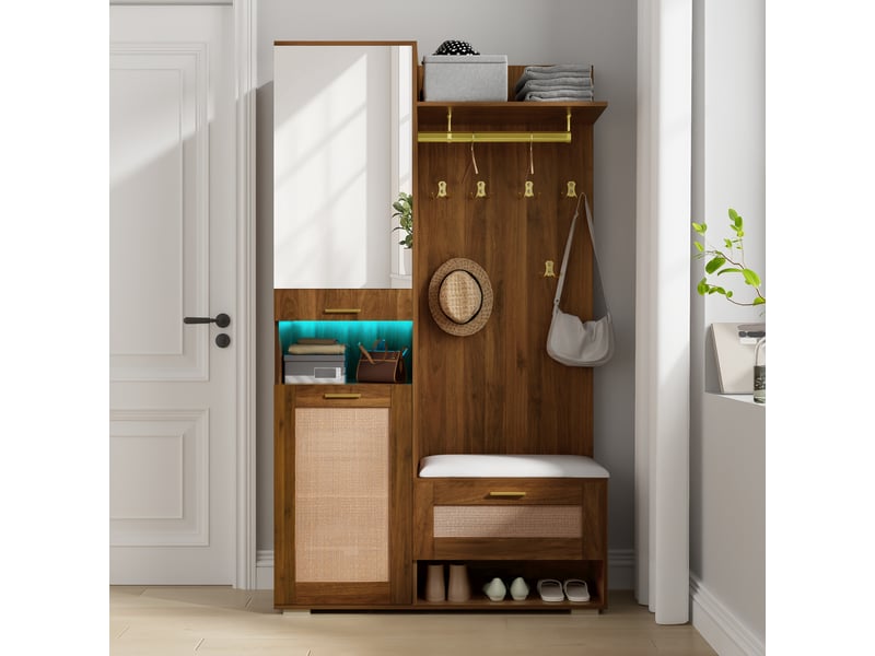  Ensemble d’entrée avec miroir, 6 patères dorées, meuble à chaussures, banc et led 16 couleurs  - Conforama B