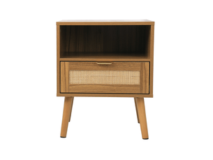 Table de chevet avec 1 tiroir et niche ouverte, façade en rotin, style bohème, pour chambre, noyer, 45 × 40 × 55 cm