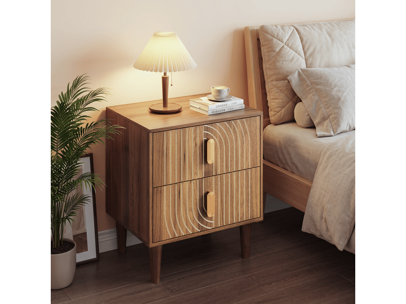 Table de chevet - 48 x 38 x 56 cm - effet noyer - table de nuit style bohème avec lignes géométriques et 2 tiroirs  - Conforama E