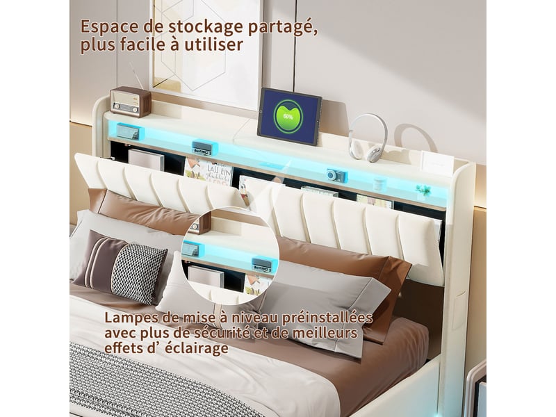 Lit coffre 140x200 cm avec led et usb,lit double rembourré , rangement de tête de lit ,hydraulique, velours, beige - Conforama R