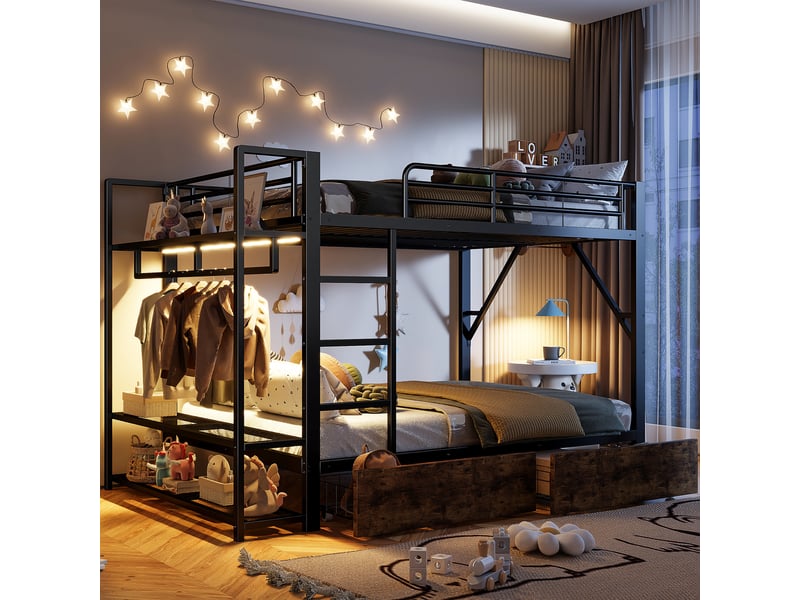  Lit superpose 140x200 cm avec bande lumineuse led et 2 tiroirs, lit enfant avec tringle à vêtements, lit double en noir  - Conforama A