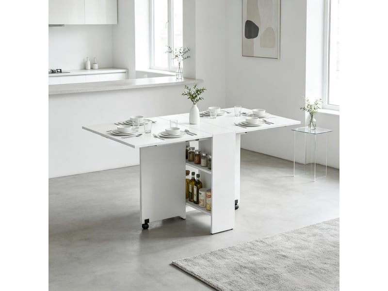  Table de salle à manger pliante extensible à roulettes avec 2 niches de rangement pour cuisine et salon, blanche  - Conforama C