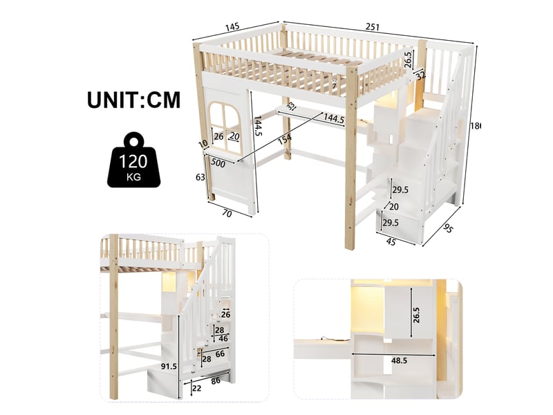  Lit mezzanine enfant 140 x 200 cm avec bureau, rangements, led et prise blanc et naturel  - Conforama E