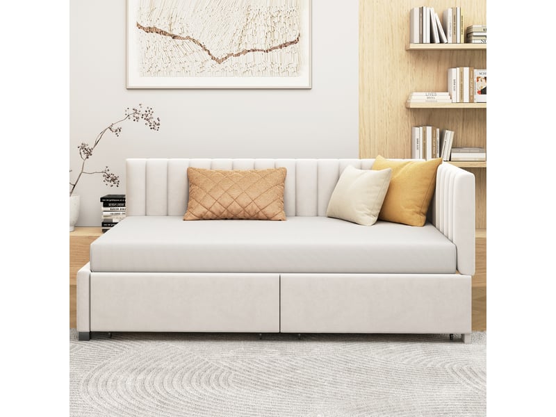  Canapé-lit rembourré 90x200 cm avec 2 grands tiroirs de rangement, lit simple, lit adulte avec sommier à lattes, beige, velours  - Conforama A