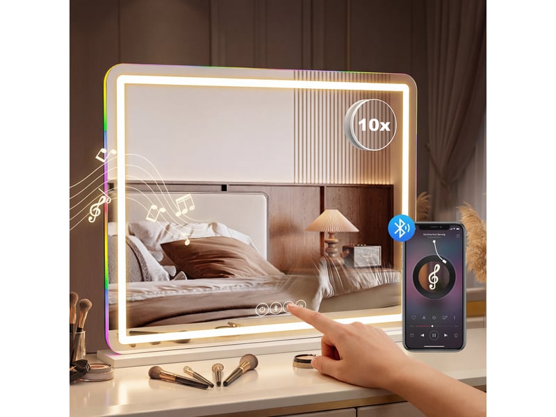  Miroir maquillage lumineux 80x60cm, miroir coiffeuse led dimmable, lumière rgb, 3 températures de couleur, blanc  - Conforama D