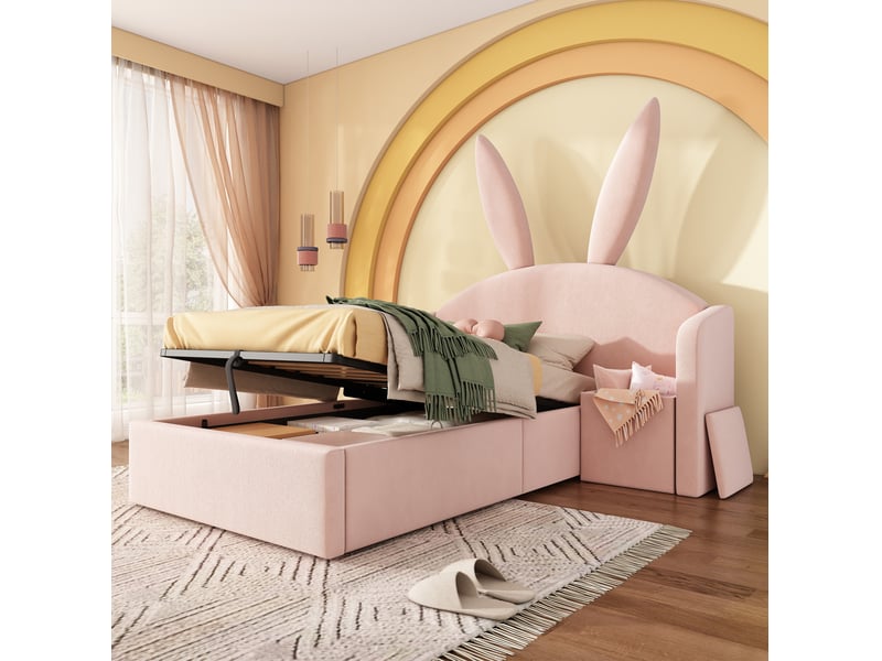 Lit enfant coffre 90 x 200 cm rose en velours, tête de lit oreilles de lapin - Conforama B