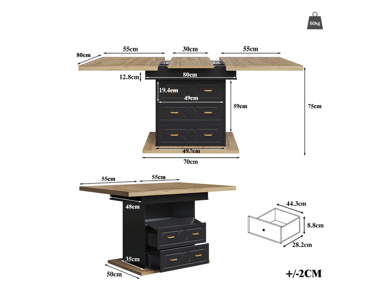  Table de cuisine rectangulaire avec allonge noir+naturel - 80x110-140max.cm mdf table bicolore - Conforama C