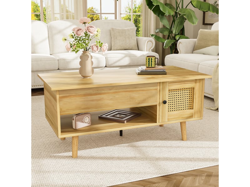  Table basse 103x50x46 cm, plateau relevable, grand rangement, portes effet rotin, design moderne pour salon et séjour - bois  - Conforama E