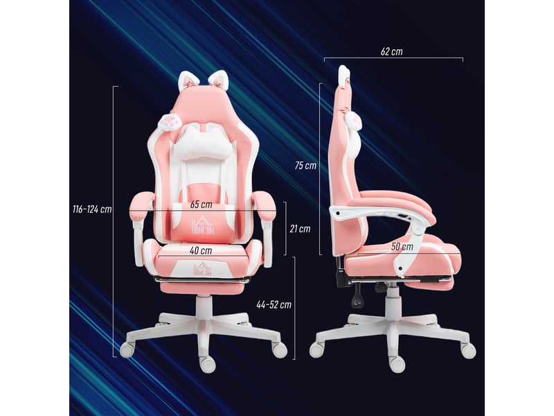 Chaise gaming ergonomique avec oreilles de chat repose-pieds soutien lombaire et cervical rose - Conforama C